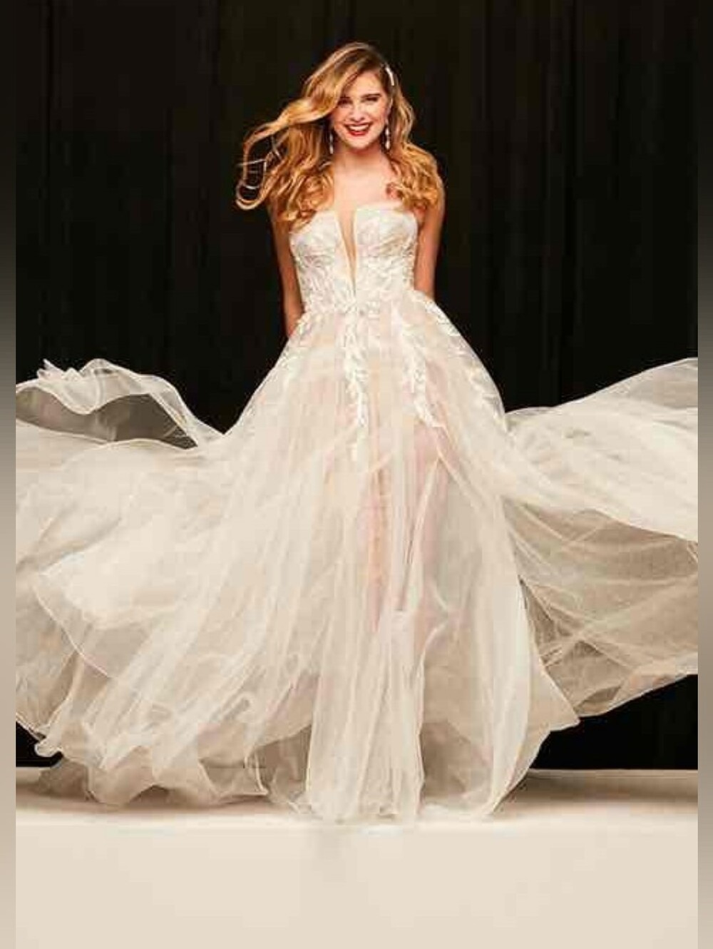 David's Bridal SWG898 Tulle Wedding Dress With Slits Ivory Bisque Mesh Bodysuit